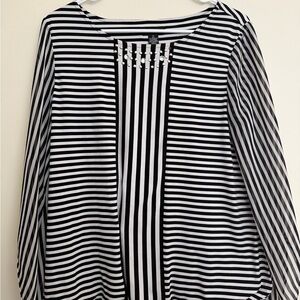 Alfani Black & White Striped Long Sleeve Top with Stud Accents